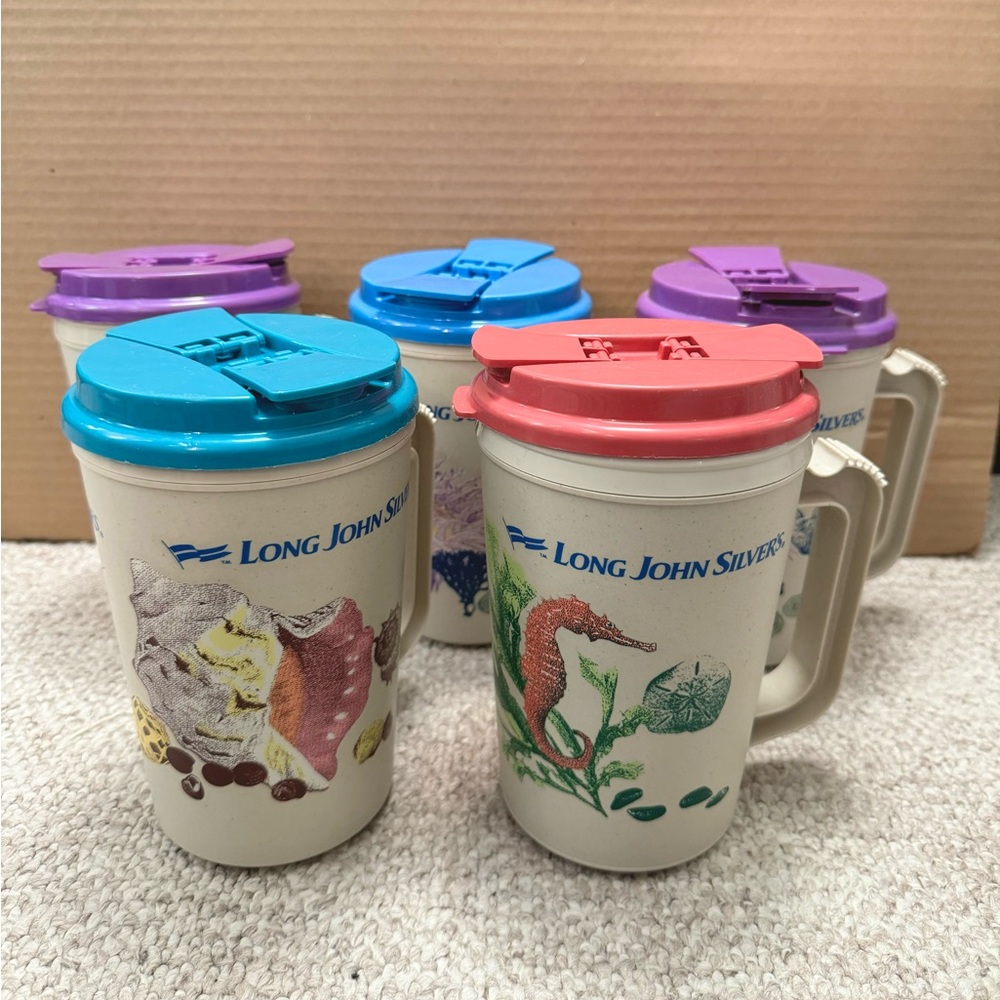 USA Long John Silver's Insulated Drinking 22 Oz. Cup "Sea Stars" Vintage w/ Lids
